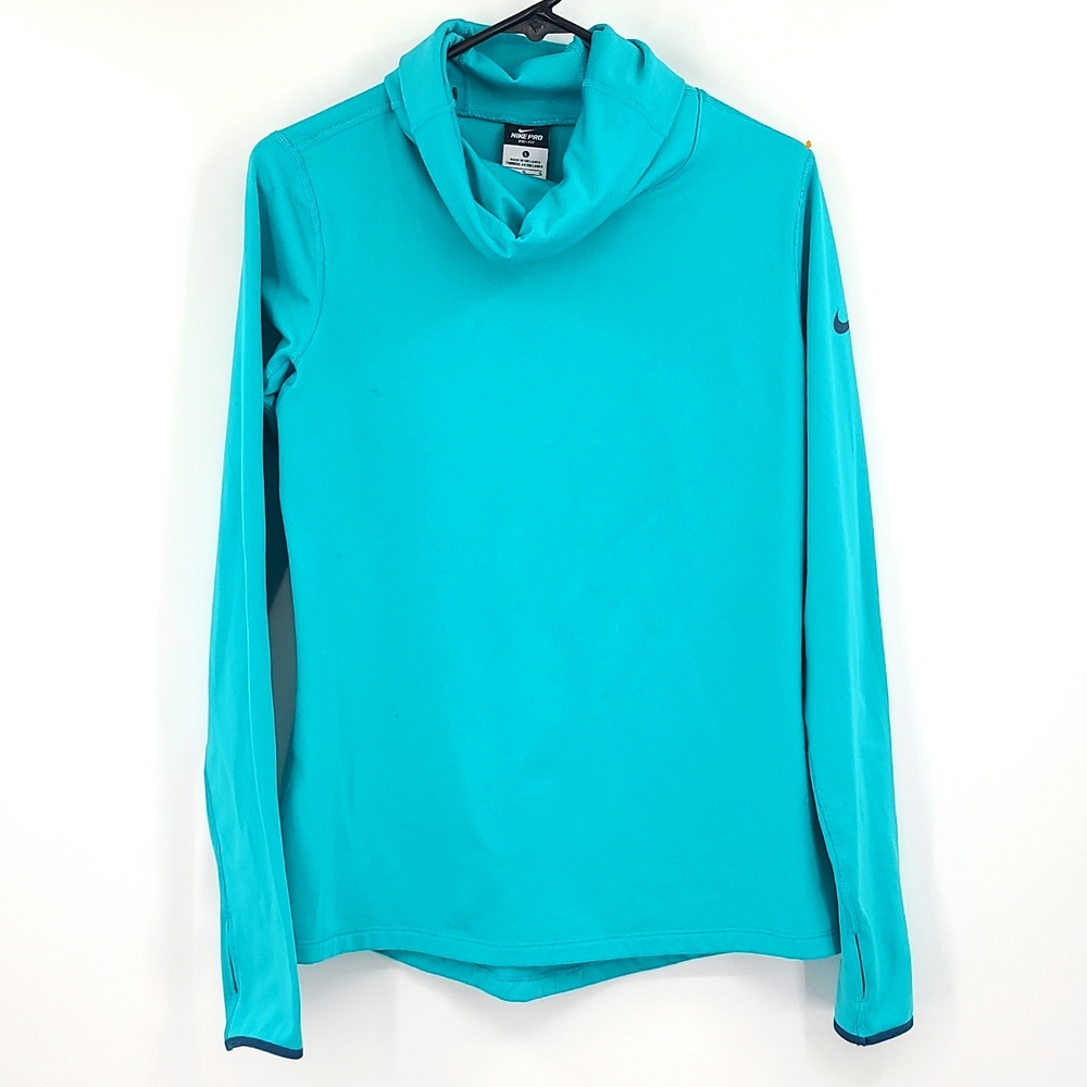 Nike Large turquoise Blue green navy blue logo long sleeve cowl neck shirt